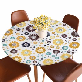 Guxxuil Bright Flowers Round Fitted Tablecloth Yellow Mustard Dark Blue Chocolate Spots Elastic Edge Tablecloth Waterproof Oilcloth Table Cover for 40"-44"