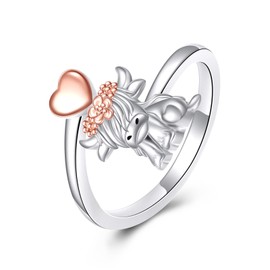 VONALA Highland Cow Ring 925 Sterling Silver Heart Ring Open Adjustable Jewellery Birthday Gifts for Women Girls, Sterling Silver, No Gemstone