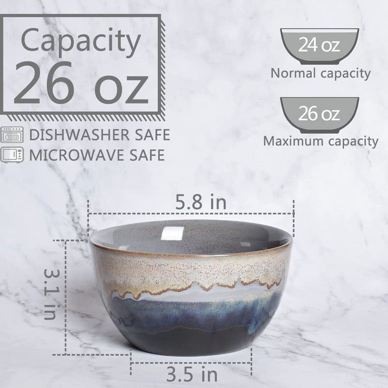 Bosmarlin Stoneware Cereal Bowls Set of 4, 26 Oz, Soup