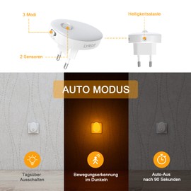 LYRIDZ Amber Night Light Socket with Motion Sensor, Bright Plug-in Night Light, Dimmable, Smart LED Light with Adjustable Brightness for Children, Bedroom, Kitchen, Hallway (Amber Pack of 2)