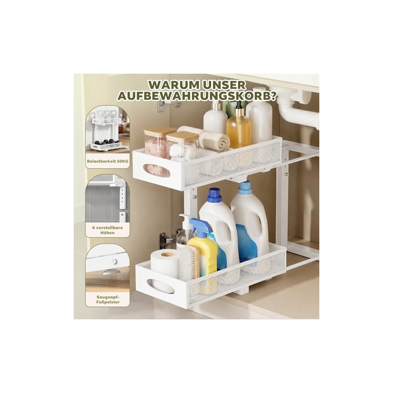 2-Tier Metal Organiser with Pull-Out Baskets, Rustproof, Height-Adjustable Cabinet Organiser