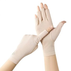 FakeFace Women Nail Art Anti UV Fingerless Gloves Summer Cotton Breathable Sun Protection Gloves Non-Slip Touchscreen Outdoor Gloves for Cycling Driving Hiking Fishing (Beige)