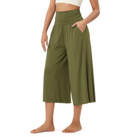 ODODOS Women's Wide Leg Palazzo Lounge Cropped Pants with Pockets Light Weight Comfy Casual Pajama Capri Pants-22 inseam, Army, Large