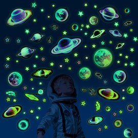 Glow in The Dark Neon Stars and Planets Wall Decals, Fantasy Colorful Space Stars Wall Stickers, Kids Room Space Wall Decor, Ceiling Windows Nursery Living Room Playroom Bedroom Decorations