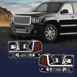 PIT66 LED DRL Headlights Assembly Front Headlamp W/Bumper Signal Lamps Compatible with Gmc Sierra 1500 1999-2007 /GMC Yukon XL 1500 2500 1999-2006,Clear lens Black Housing Amber Reflector