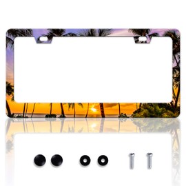 Hawaiian Palm Tree License Plate Frame Seaside Sunset License Plate Frames Personalise Stainless Steel Funny Design Compatible with Standard License Plate Holder for USA and Canada 6 X 12 with Screws