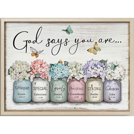 God Says You Are Wall Decor - Bible Verse Framed Canvas Print, Mason Jar Floral Print - Inspirational Christian Poster, Perfect for Women Girls Bedroom Decor,12x16 Inch