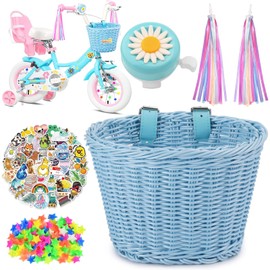 Children's Bicycle Basket, Front Bicycle Basket, Children's Bicycle Baskets with PU Straps, Stickers, Bicycle Tassels and Bicycle Bell, Bicycle Accessories Children, Blue