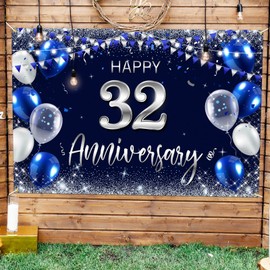 Happy 32nd Anniversary Backdrop Banner Decor Navy Blue – Silver Glitter Happy 32 Years Wedding Anniversary Party Theme Decorations for Women Men Supplies