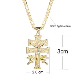 kelistom 14K Gold Plated Catholic Caravaca Crucifix Cross Charm Pendant with Cherub Angel Necklace for Women Men 3mm Flat Figaro Chain Necklace 18/22 inches