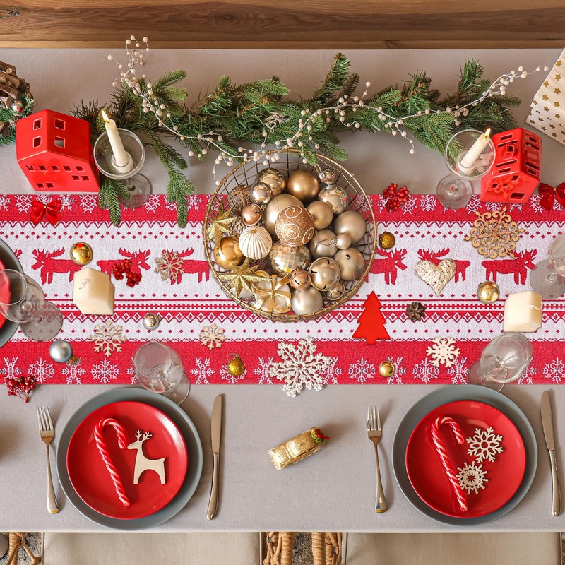 Christmas Table Runner, 35*180cm Red Table Runner with Snowflake &