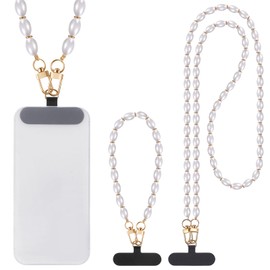 Weewooday 2 Pack White Pearl Beaded Phone Lanyard Around The Neck Crossbody Wrist Bracelet Strap with Tether Tab for Women Most Phone