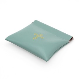 Squeeze Top Rosary Pouch Seafoam Green Faux Leather with Cross Imprint