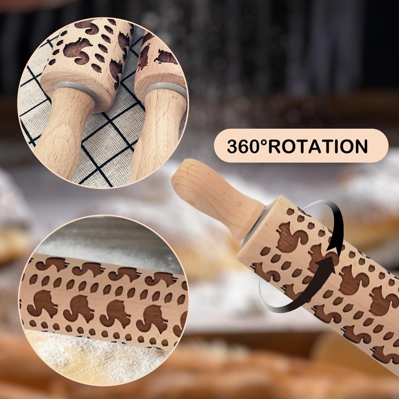 Embossed Rolling Pin with Cute Squirrel Pattern, Wooden Pastry Roller