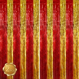 BEISHIDA Red Gold Door Streamers Backdrop Foil Fringe Tinsel Party Streamers Curtains Photo Backdrop for Birthday Graduation Christians Party Decoations