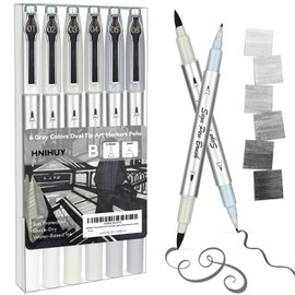 HNIHUY Dual Brush Pen Art Markers, 6 Gray Colors Set, Fine Tips Markers and Brush Tips Perfect for Blendable, Coloring, Sketching, Painting, Calligraphy, Illustration for Artists