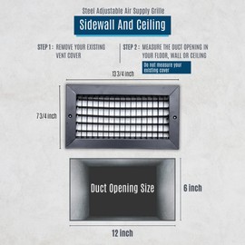 [2 Pack] Fits 12x6 Duct Opening Steel Adjustable Air Supply Grille by Handua | Register Vent Cover Grill for Sidewall and Ceiling | Black | Outer Size: 13.75" X 7.75"