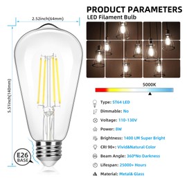 4-Pack Vintage 8W ST64 LED Edison Light Bulbs 100W Equivalent, 1400Lumens, 5000K Daylight White, E26 Base LED Filament Bulbs, CRI 90+, Antique Glass Style Great for Home, Bedroom, Office, Non-Dimmable