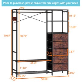 Loomie Heavy Duty Clothes Rack for Hanging Clothes with 5 Shelves & 5 Drawers, Metal Freestanding Clothing Rack with Five Hooks, Garment Rack Closet Wardrobe Rack, 70.87H x 59.06W,Max 900lbs,Rustic