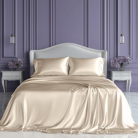 SLEEP SANCTUARY Satin Sheets Full Size – 4 Piece Luxury Silky Bed Set, Softer Than Silk, 15" Deep Pocket, Cooling & Wrinkle-Free, Moisture-Wicking & Breathable for Hair & Skin (Ivory)