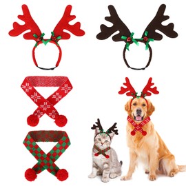 Christmas Pet Headwear and Scarf Christmas Dog Hat Pet Christmas Outfit 4PCS Pet Christmas Costume for Xmas Holiday Small Dog Cat Puppy