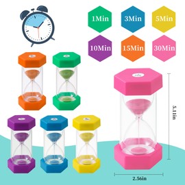 6 Stück Bunter Sanduhren für Kinder,Buntes Sanduhren Set 1/3/5/10/15/30 Minuten, Zeitmesser Sanduhren für Klassenzimmer, Küche, Spiele und Home Office Dekoration