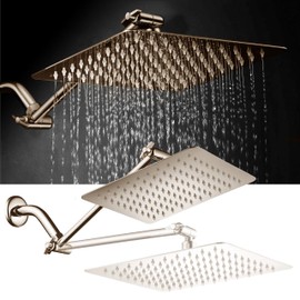 HotelSpa Giant 10" Stainless Steel Rainfall Square Showerhead with 11 inch Solid Brass Adjustable Extension Arm – Brushed Nickel Finish