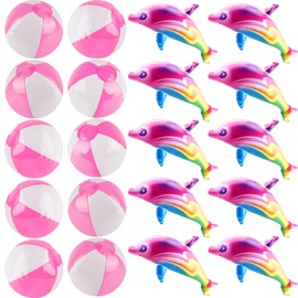 20 Pack Inflatable Dolphin and Ball Set Including 10 Pack 34 inch Blow up Rainbow Dolphin and 10 Pack 9 inch Pink Inflatable Beach Balls Bulk for Beach Pools Dolphin Party Favors Party Decoration