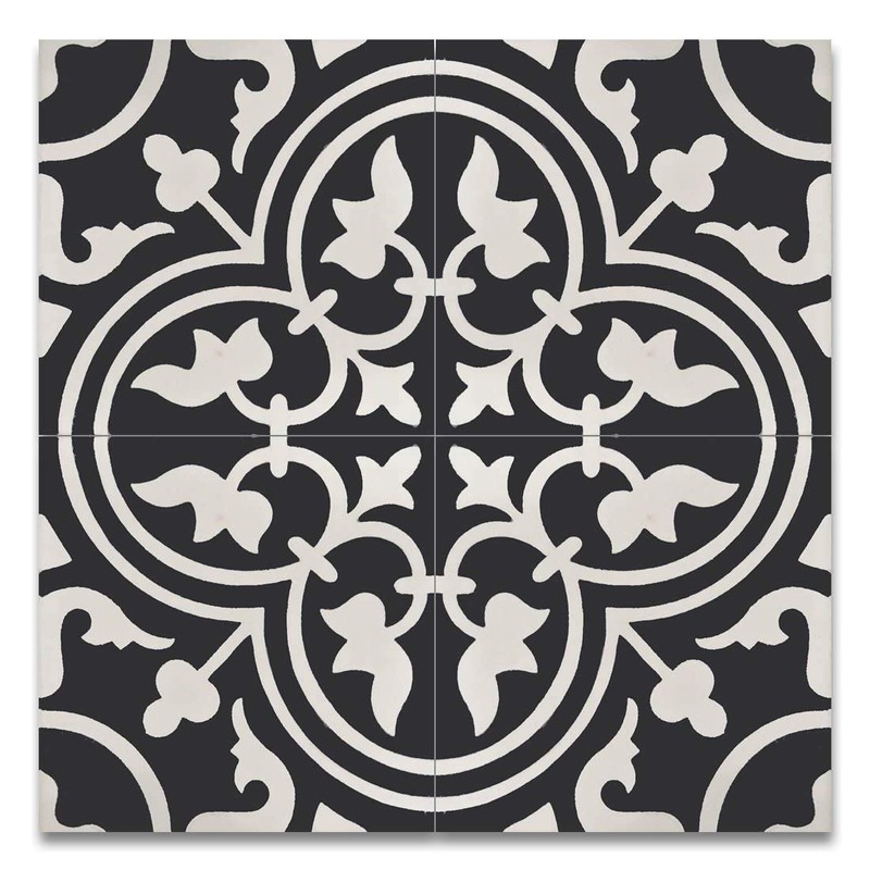 8x8 Flora Encaustic Black White Genuine Concrete Cement Tile Spanish