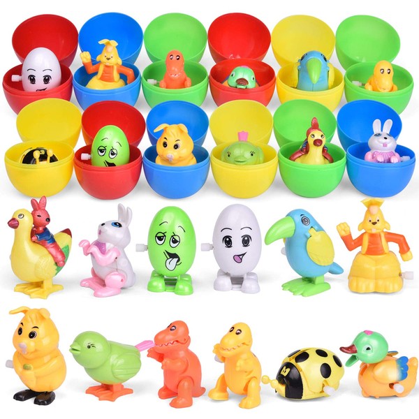 FUN LITTLE TOYS 12 Pieces Easter Eggs Prefilled with Wind up Toys for Kids, Easter Basket Stuffers Egg with Toy Inside, Filled Small Chicks and Bunnies Toy Bulk for Toddlers Party Favors Hunt Prizes