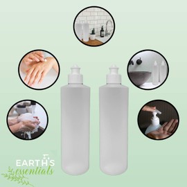 Earth's Essentials 2 Pack Refillable 16 Ounce HDPE Squeeze Bottles With Push/Pull Button Top Dispenser Caps-Great For Lotions, Shampoos, Conditioners and Massage Oils From (White Cap)