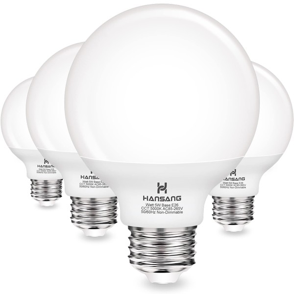 Hansang G25 LED Globe Light Bulbs, 60W Equivalent, 5000K Daylight Bathroom Light Bulbs E26 Base, Eye-friendly Vanity Round Light Bulbs, Perfect For Vanity Makeup Mirror, 120V CRI85+ Non-Dimmable 4Pack