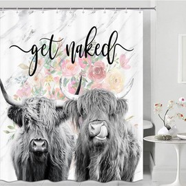 Romantic Angels Highland Cow Shower Curtain 60 * 72 Inch Western Shower Curtains Farmhouse Country Rustic Shower Curtain Sets Funny Cute Get Naked Highland Cow Bathroom Decor (Flower)