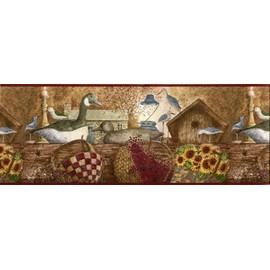 International Country Cabin Wallpaper Border Bird Decoys Baskets Sunflowers