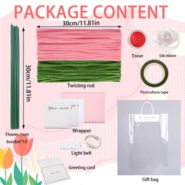 YOUYIKE Tulpe Blumenstrauß Pfeifenreiniger Set, Tulpe Blumenstrauß, Pfeifenputzer Zum Basteln, Mit Grüne Blumenstöcke, Klebebandrollen, Grußkarten, Blumenstraußverpackungen, Bänder, Lichtleiste etc