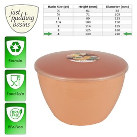 Just Pudding Basins 4 Pint Large Bowl with Lid for Steaming and Mixing Durable Plastic Dishwasher Safe Colour Peach