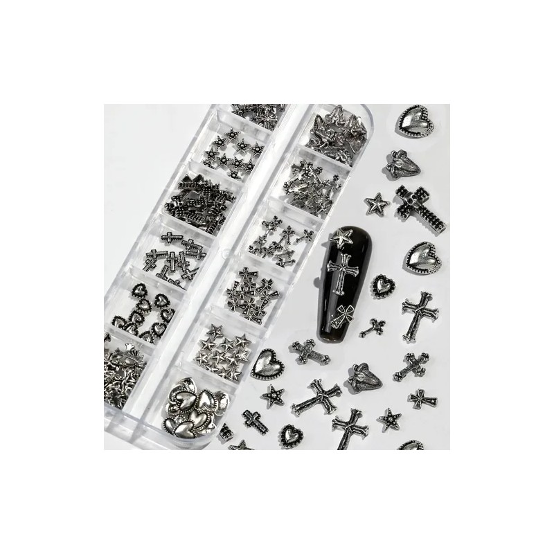 120pcs Gothic Metal Nail Charms Cross Heart Star Accents