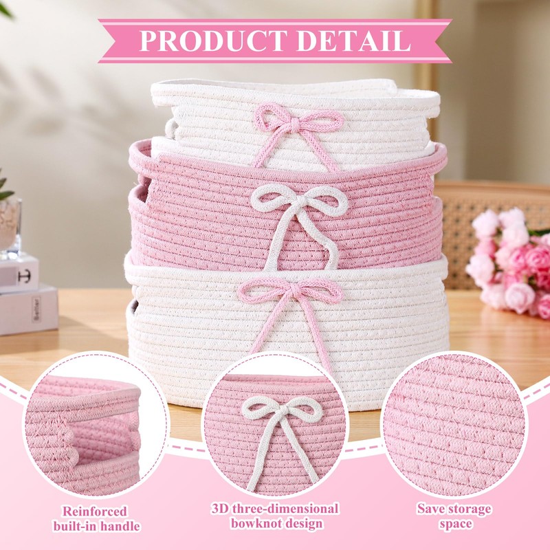 Breling 3 Pieces Coquette Bow Laundry Hamper Cotton Rope Storage