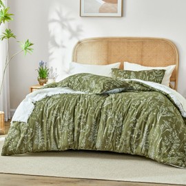 Love's cabin Olive Green Full Comforter Set - Full Size Comforter Set, 3 Pieces Cute Floral Bedding Sets for All Seasons,1 Soft Reversible Botanical Flowers Comforter and 2 Pillow Shams