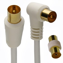 kenable RF Right Angle TV Aerial Freeview Plug Video Cable & Coupler GOLD 1m White [1 metres]