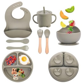 8PCS Vajillas Platos para Niños Silicona con Ventosas, Set Alimentacion Complementaria Niños Sin BPA Incluir Babero, Plato, Tazon y Cubiertosg Regalos