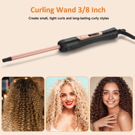 LXMTOU 3/8 Inch Curling Wand Iron Small Curling Wand Tight Curls Tourmaline Ceramic Barrel for Short & Long Hair Skinny Wand Curler Styler with Clampless 350°F/410°F Temperature Adjustable