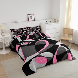 Feelyou Pink Grey and Black Comforter Retro Circle Geometry Comforter Set Modern Abstract Art Bedding Set for Kids Boys Girls Geometry Swirl Duvet Set Luxury Room Decor Quilt Set King Size