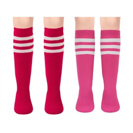 Slivery Color 2 Pairs Kids Soccer Socks Toddler Soccer Socks Girls Boys Soccer Socks Toddler Knee High Socks Toddler Kids Tube Socks, 3-8 Years, Dark Pink and Red