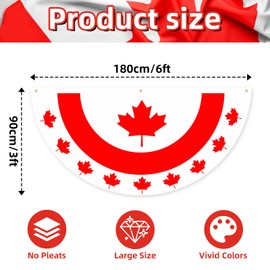 6 x 3 FT Flat Canada Flag Bunting – No-Pleat Half Circle Maple Leaf Banner with Grommets, Red White Patriotic Fan Flag for Outdoor Porch, Fence, Wall, Window, July 1st Canada Day Decorations