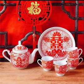 Chinese Tea Gift Set Service Porcelain Tea Pot 4 Cups tray for Adults Men Women Tea Ceremony Wedding Party Home Decor (Double Happiness S)
