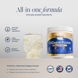 QUINIX Collagen Fusion+ All-in-One Supplement | VERISOL® Collagen, ImmunoLin®, PureWay-C® Vitamin C, Dermaval®, DE111®, SNZ 1969®, Hyaluronic Acid – 30 Servings, 6.7 oz, Unflavored