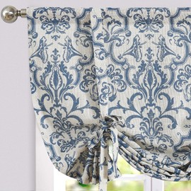 jinchan Linen Tie Up Valance for Flax Floral Drapes Vintage Farmhouse Medallion Window Treatments Light Filtering Curtain for Living Room Laundry Cafe Rod Pocket 1 Panel 54 Inch Slate Blue