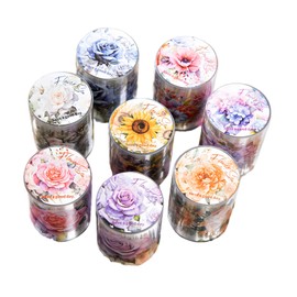 Collage Material, Collage Stickers, Masking Tape, 8 Rolls, Flower Pattern Flake Stickers, Retro Design, Translucent PET, 1.97 inches (50 mm) Width x 6.6 ft (2 m), Waterproof, DIY, Notebook Decoration