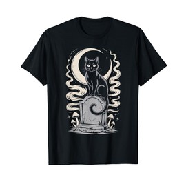Black Gothic Cat Moon Tombstone Gravestone Dark Academia T-Shirt